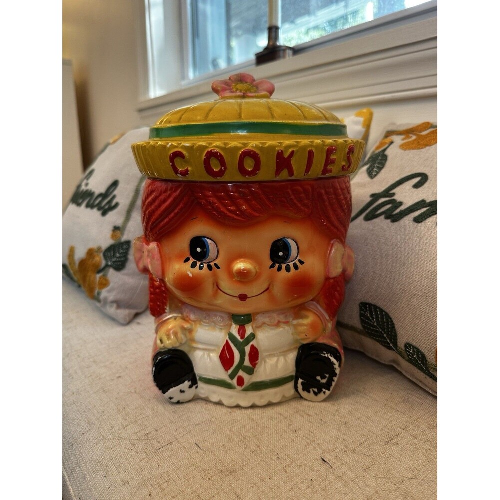 Tilso Red Hair Girl Cookie Jar Ceramic Yellow Hat Daisy Japan Vintage 60s 70s